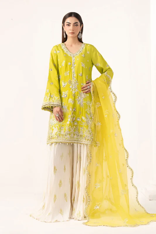 Zilverah acid green embroidered raw silk sharara suit – luxury formal wear delivered in Norway