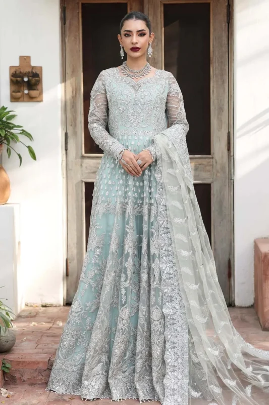 Zilverah aqua embroidered organza party wear 3-piece unstitched suit available to buy online in Norway