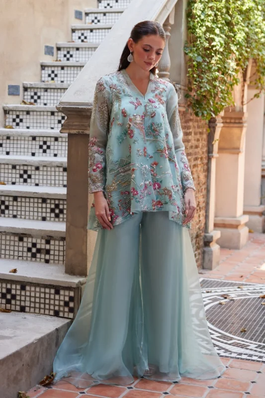 Zilverah Aqua Blue Organza Jacket Set – Luxury Pakistani Party Wear Buy Online Norway