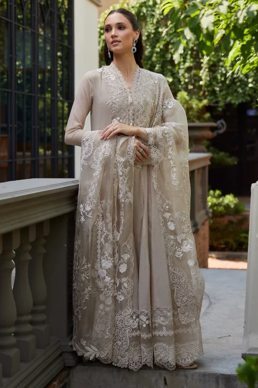 Zilverah beige Kora Silk kalidar formal wear dress with white floral embroidery - buy online Norway