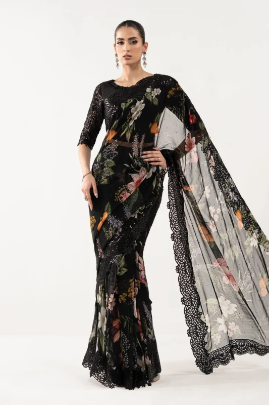 Zilverah Black Embroidered Chiffon Party Wear Saree — Buy Online Norway