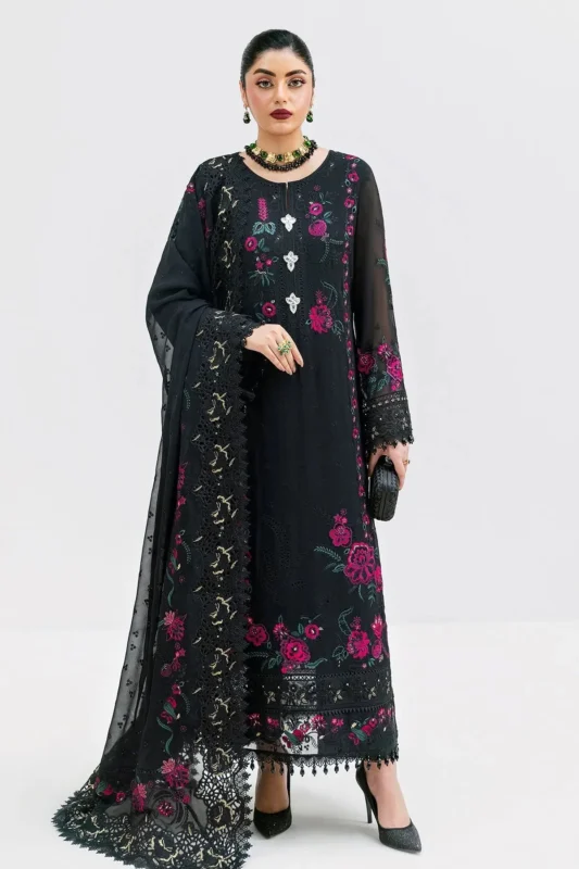 Zilverah black embroidered georgette 3-piece party wear suit available to buy online in Norway