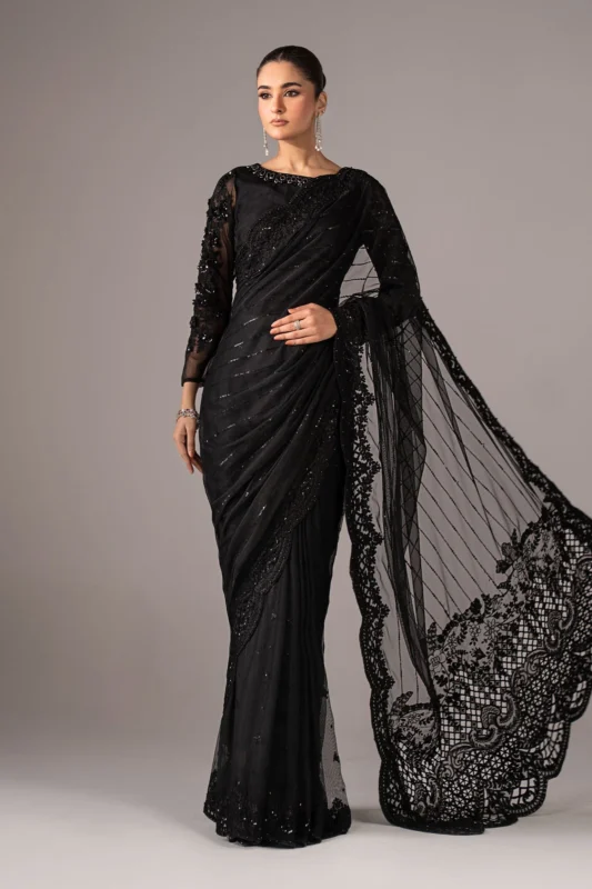 Zilverah Black Embroidered Net Party Wear Saree – Buy Online Norway