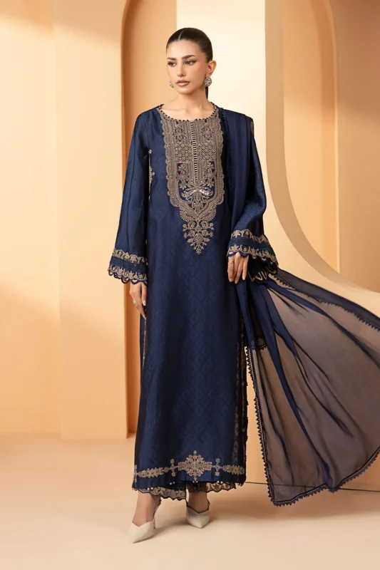 Zilverah Blue Embroidered Self Tassel Silk 3-Piece Party Wear Suit – Buy Online Norway