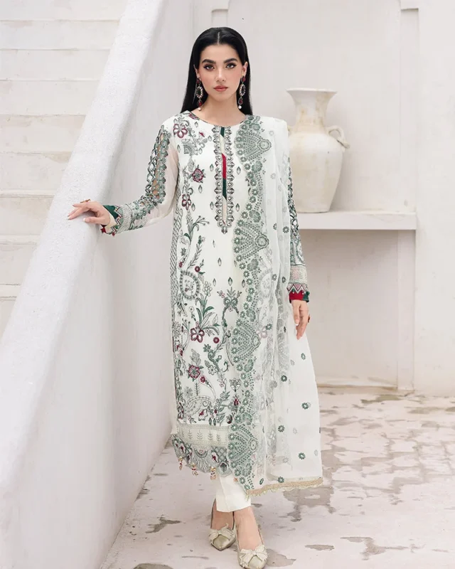 Zilverah 3-piece chiffon formal wear with sequin embroidery and 3D embellishments — buy Pakistani dress Norway