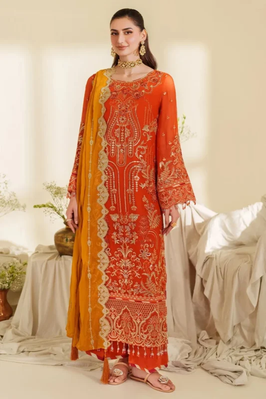 Zilverah orange embroidered chiffon 3-piece formal wear for Pakistani weddings in Norway