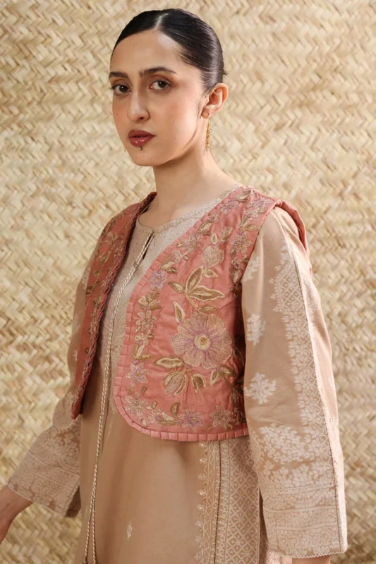 Zilverah Embroidered Dupion Silk Koti in Chai Pink – Formal Wear Norway