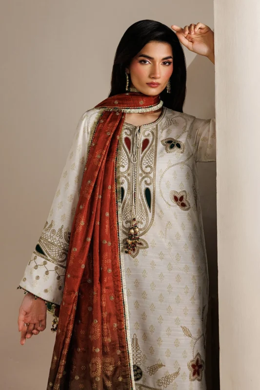 Zilverah Embroidered Raw Silk Party Wear 3-Piece Shalwar Kameez — Buy Online Norway