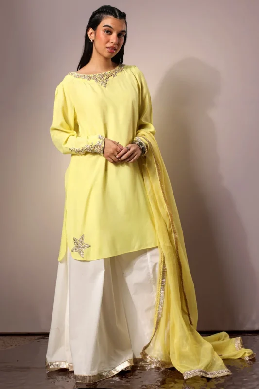 Zilverah Gota Kari 3-Piece Sharara Set in Lemon Tonic — Pakistani Formal Wear Norway