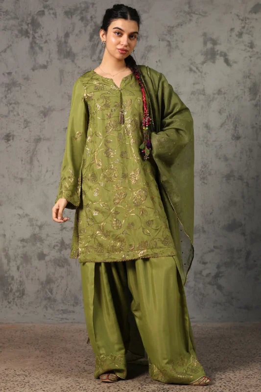 Zilverah grape green raw silk farshi 3-piece formal wear Pakistani dress Norway