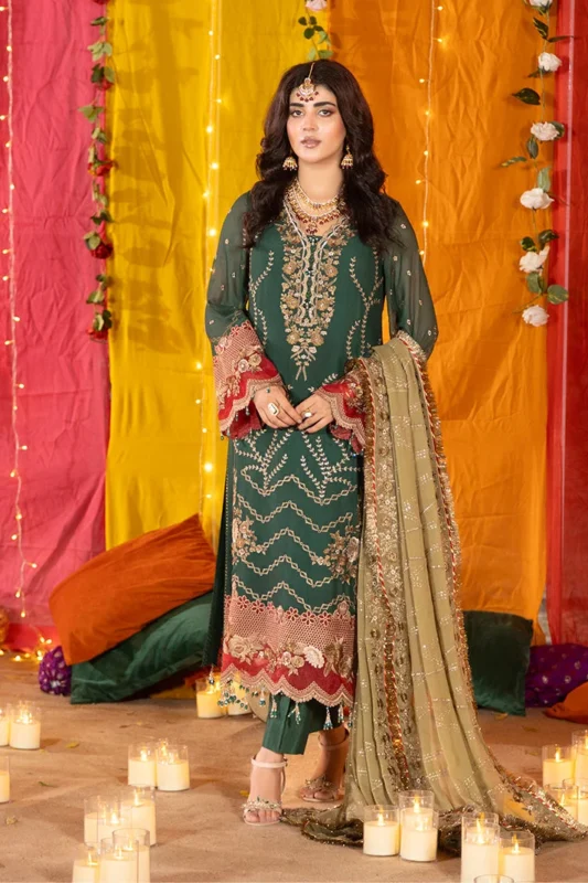 Zilverah green embroidered chiffon formal wear 3-piece suit for Pakistani weddings in Norway