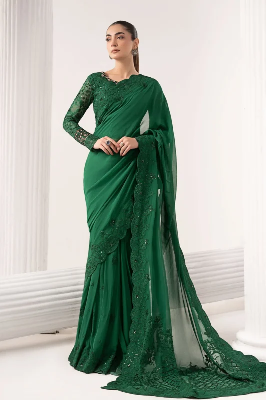 Zilverah Green Embroidered Chiffon Saree – Luxury Formal Wear Norway | Buy Online
