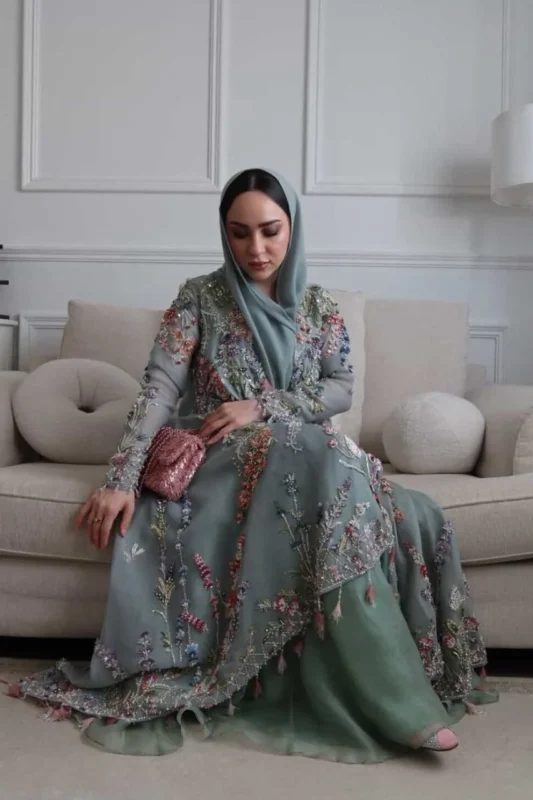 Zilverah 3-piece organza jacket party wear dress in greyish blue and sage green – buy online Norway