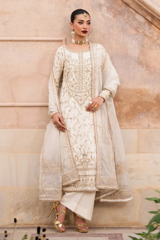 Zilverah Gul-e-Rohma beige Indian raw silk party wear dress with adda embroidery – buy online Norway