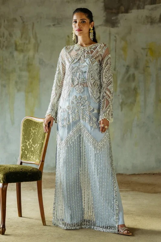 Zilverah ice blue embroidered net formal wear 3-piece Pakistani dress Norway