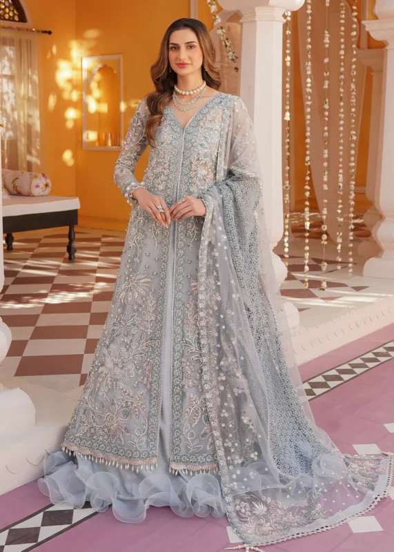 Zilverah Frost ice-blue embroidered formal gown — Pakistani dress Norway buy online
