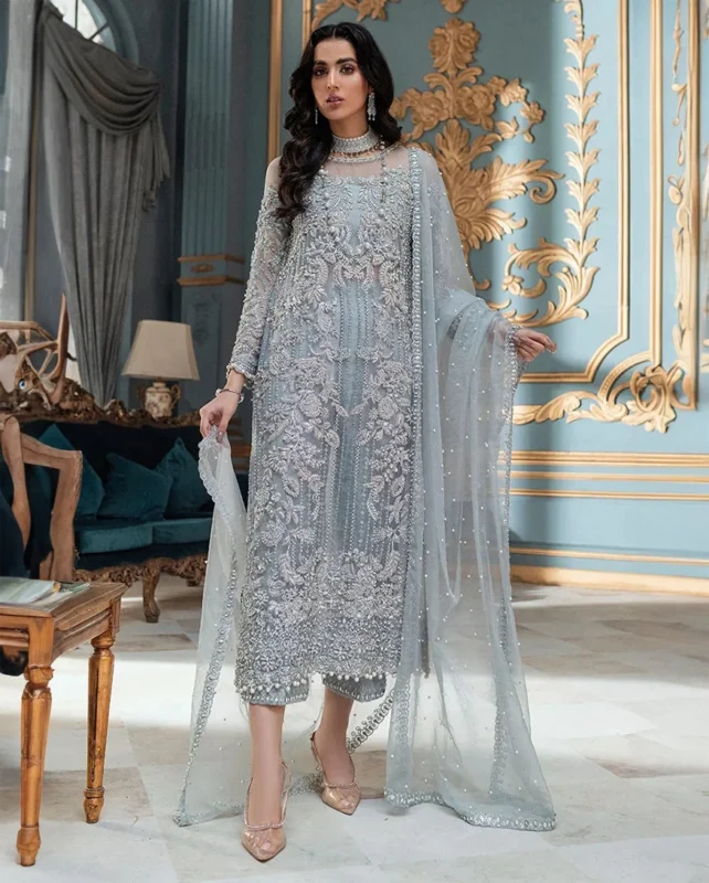 Zilverah ice blue Silk Organza 3-piece party wear suit for Pakistani weddings — buy online Norway