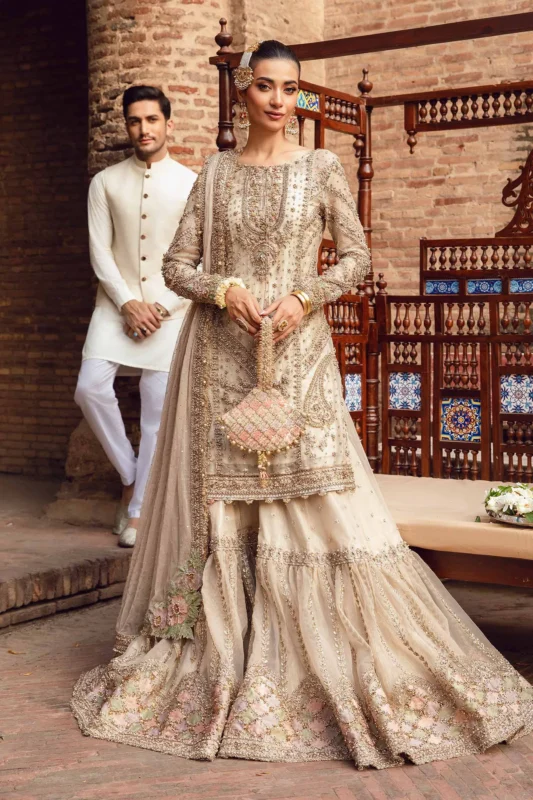 Zilverah Ishtar ivory gharara party wear set with kundan and pearl embroidery – buy Pakistani dress Norway