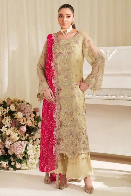 Zilverah ivory green embroidered chiffon formal wear 3-piece Pakistani suit — buy online Norway