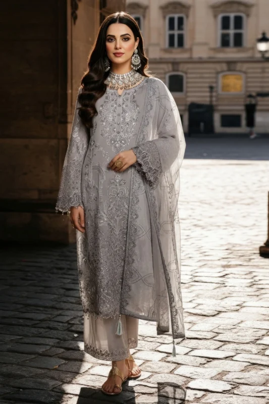 Zilverah light grey embroidered 3-piece formal wear chiffon suit for Pakistani weddings in Norway