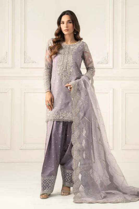Zilverah lilac embroidered raw silk 3-piece party wear suit – buy online Norway