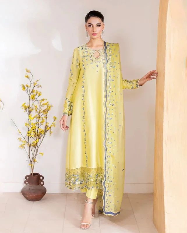 Zilverah lime yellow Sheesha Silk 3-piece party wear Pakistani suit - buy online Norway