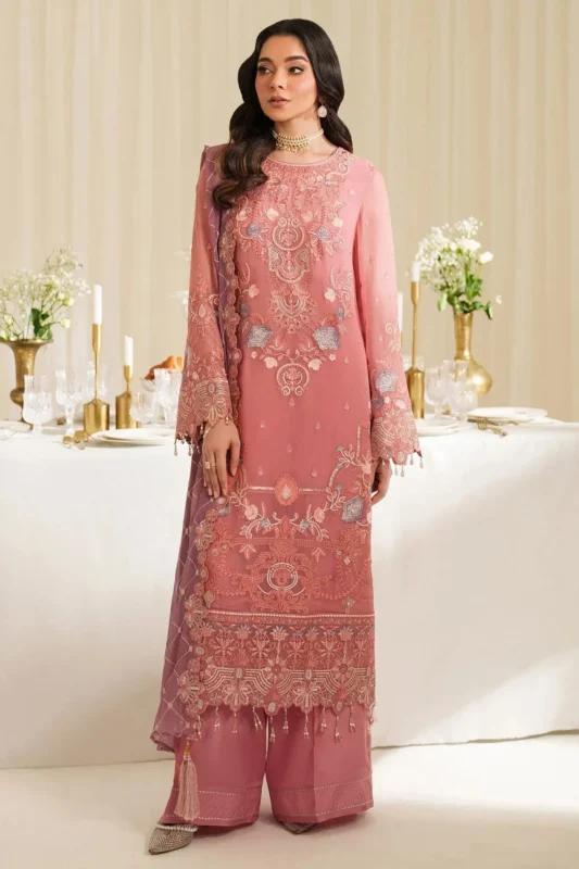 Zilverah tea pink embroidered chiffon 3-piece party wear suit for Pakistani weddings in Norway