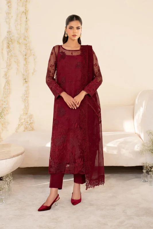 Zilverah Maroon Embroidered Pure Organza Party Wear Suit – Buy Online Norway