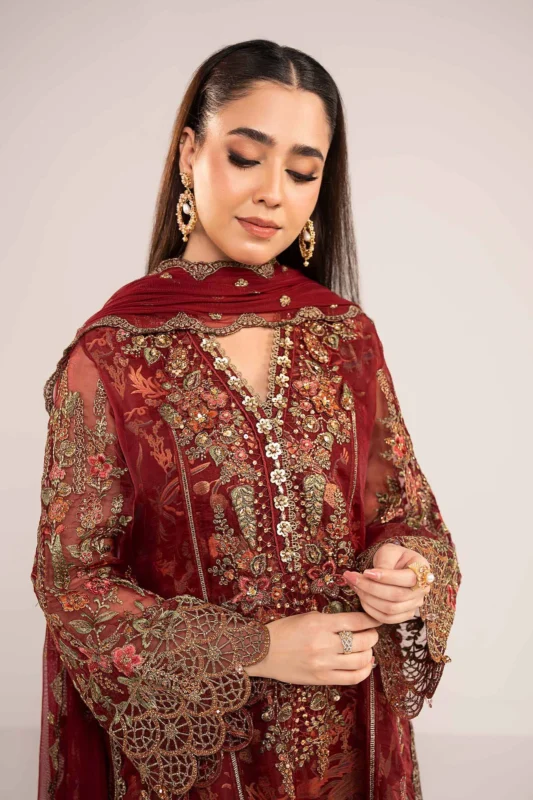 Zilverah Maroon Embroidered Organza 3-Piece Party Wear Suit – Buy Online Norway