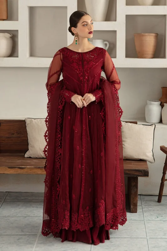 Zilverah Maroon Organza Embroidered Pishwas Gown – Party Wear Buy Online Norway