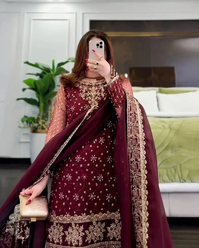 Zilverah Maroon Organza Gharara 3-Piece Party Wear Set – Buy Online Norway