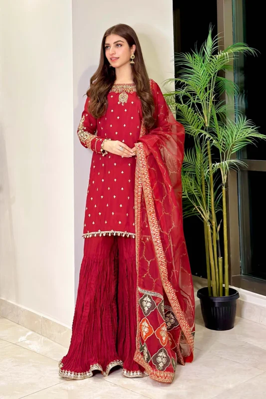 Zilverah Maroon Raw Silk Embroidered Gharara Suit – Formal Wear Norway