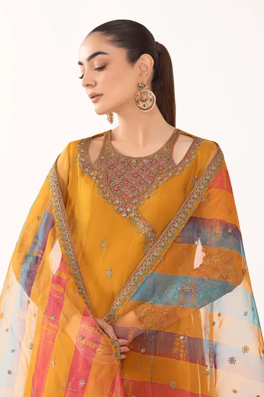 Zilverah Mustard Embroidered Organza Angrakha Party Wear Suit - Buy Online Norway