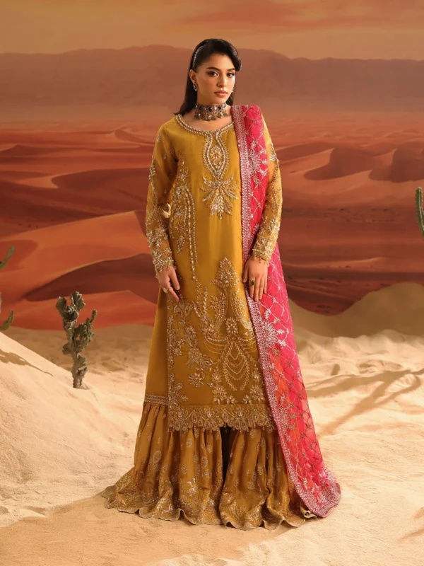 Zilverah mustard organza gharara luxury Pakistani formal wear Norway – front view