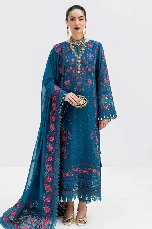 Zilverah navy blue embroidered georgette formal wear 3-piece Pakistani suit available in Norway