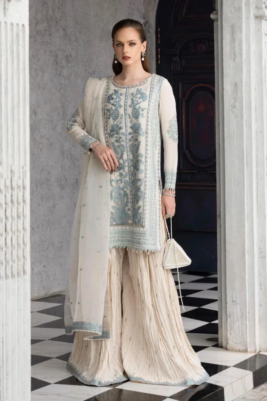 Zilverah Off-White Embroidered Organza Sharara Suit — Luxury Formal Wear Norway