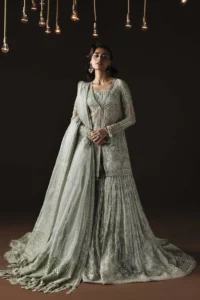 Zilverah chalk organza sharara suit – luxury party wear for Pakistani weddings in Norway
