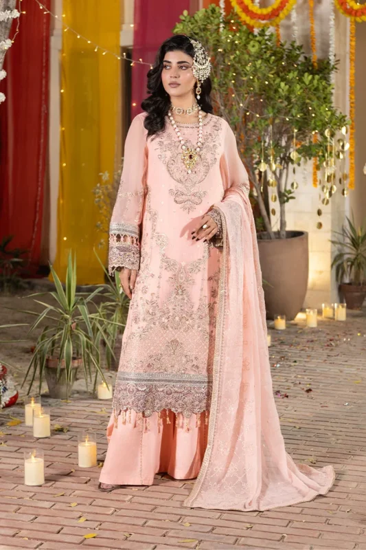 Zilverah peach embroidered chiffon 3-piece luxury formal suit – buy Pakistani dress Norway