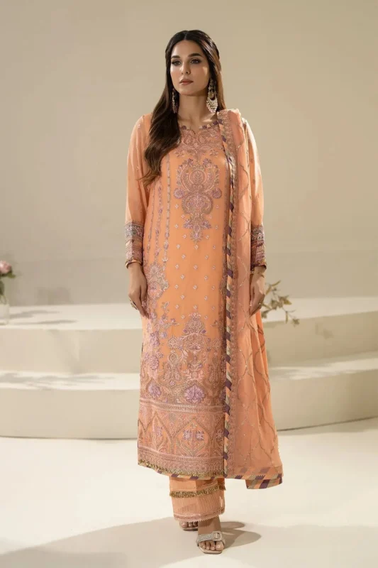 Zilverah peach embroidered chiffon party wear unstitched suit – buy online Norway