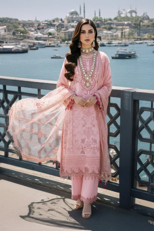 Zilverah peach embroidered bamber chiffon party wear 3-piece suit available in Norway