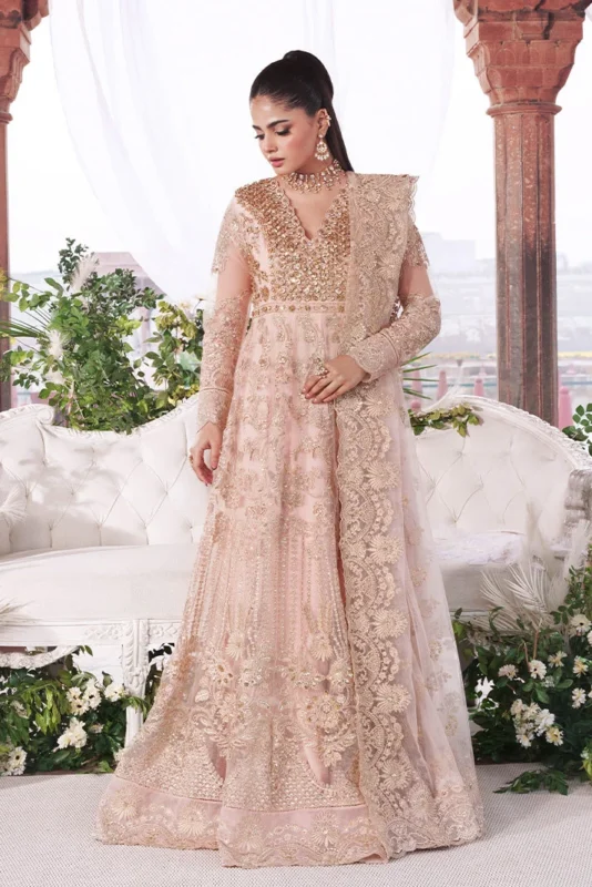 Zilverah peach embroidered net 3-piece formal wear suit for Pakistani weddings in Norway