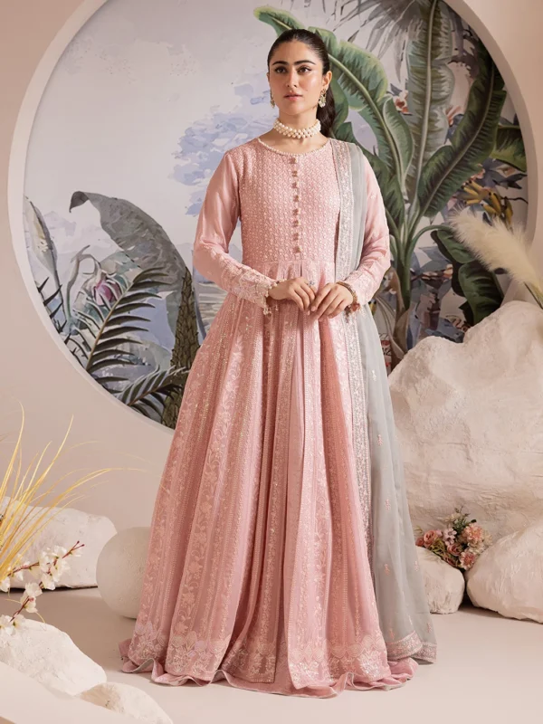 Zilverah pink embroidered chiffon frock party wear Norway – 3-piece luxury Pakistani dress