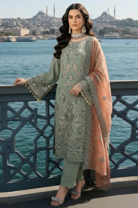 Zilverah pista green luxury party wear chiffon suit for Pakistani women in Norway