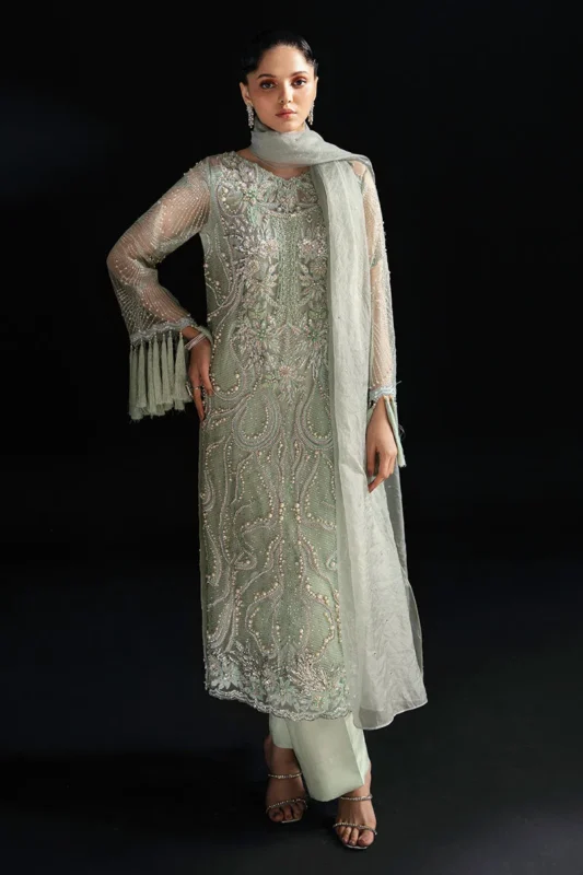 Zilverah powder green net party wear dress with pearl and crystal embellishments – Pakistani dress Norway