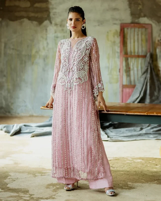 Zilverah Powder Pink Embroidered Net 3-Piece Party Wear Pakistani Dress Norway