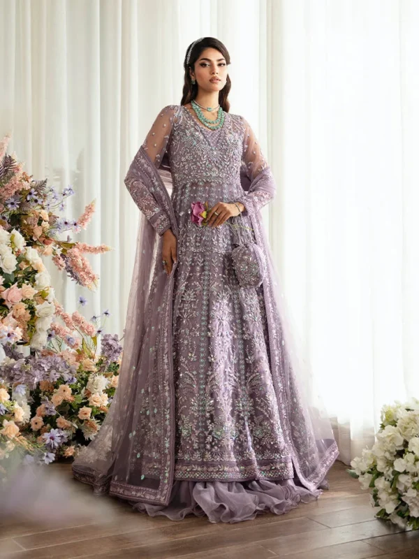 Zilverah purple embroidered net kalidaar 3-piece party wear dress available in Norway