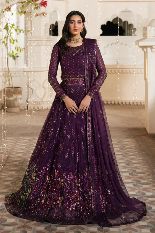Zilverah purple net 3-piece lehenga formal wear for Pakistani women in Norway — front view