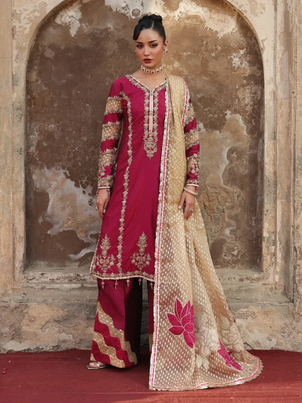 Zilverah raw silk embroidered formal wear 3-piece Pakistani dress Norway — front view