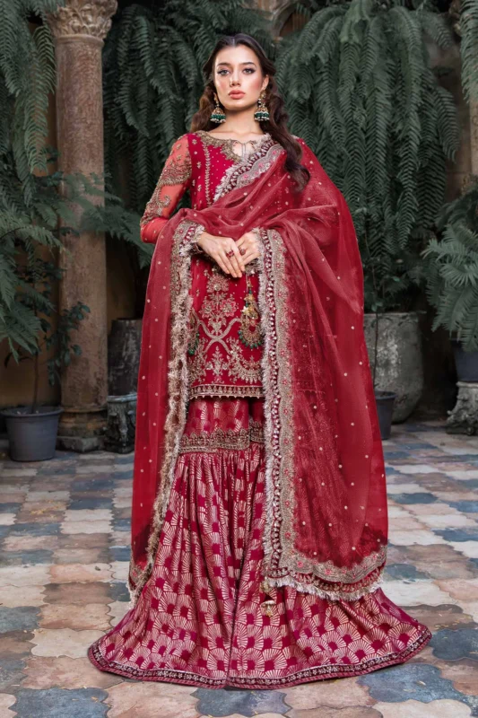 Zilverah red gharara 3-piece formal wear set with sequin and naqshi embellishments – buy online Norway