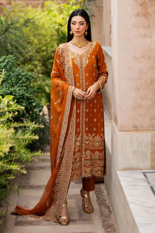 Zilverah Gul-e-Farosh rust Indian raw silk formal wear gown with sequin and adda work — buy Pakistani dress Norway